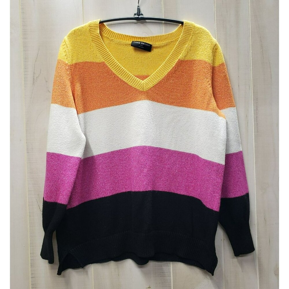Lane Bryant Striped V-Neck Sweater, 14/16, Yellow Orange White Pink Black